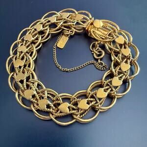 Vintage MONET Gold Tone Heart Bracelet with Safety Chain